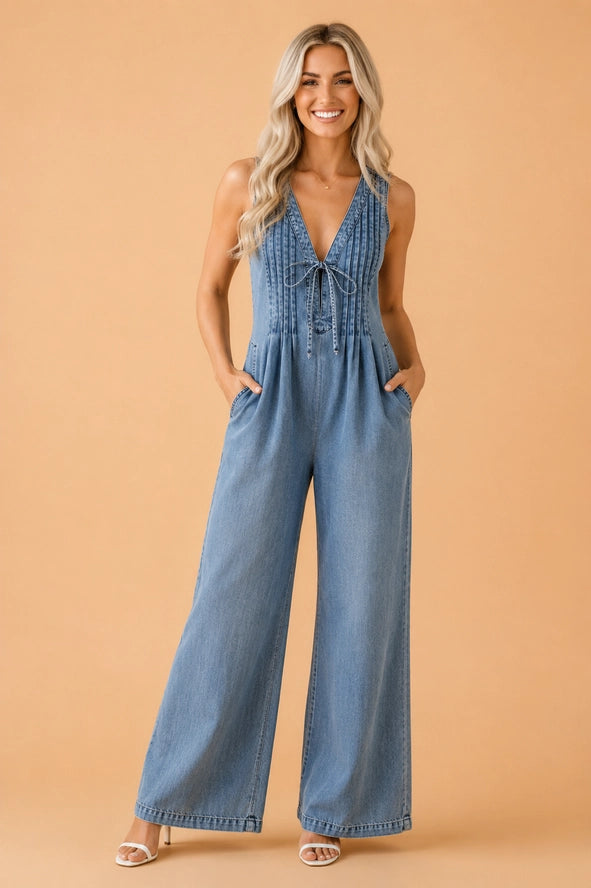 PRETTY BASH Acid Wash Denim Pleated Tie Jumpsuit