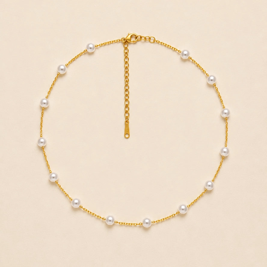 Titanium Steel Non-Tarnish Pearl Station Necklace