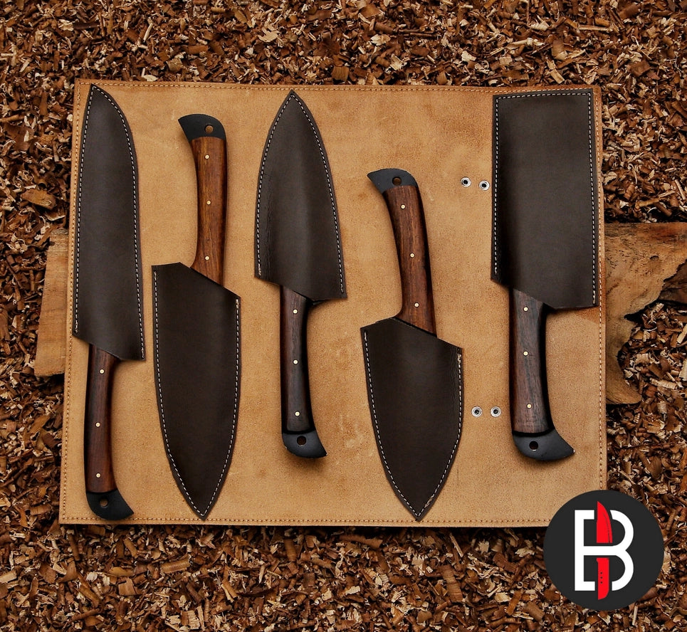 5 Pcs Chef Set Carbon Steel Bbq Hand Forged Kitchen Knives