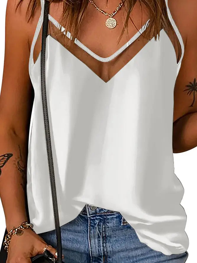 Summer Plain V Neck Mesh Splicing Tank Top