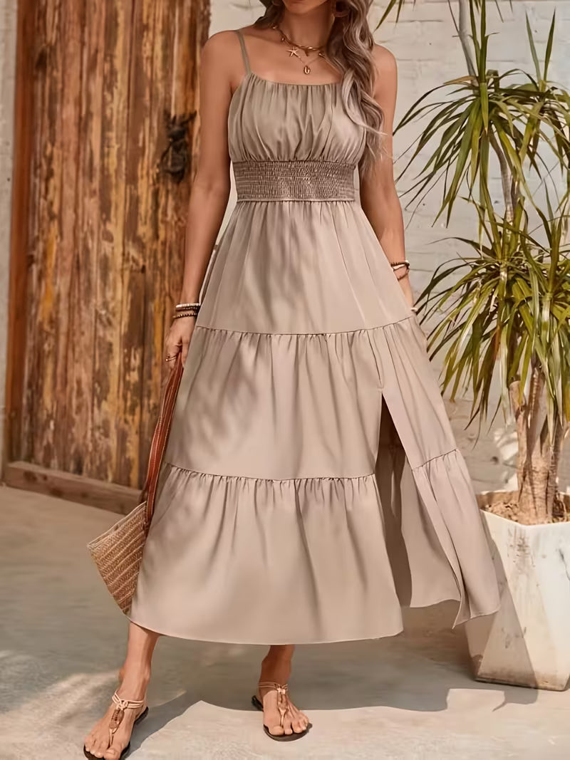 Halter Layered Waist-cinching Solid Color Fitted Dress