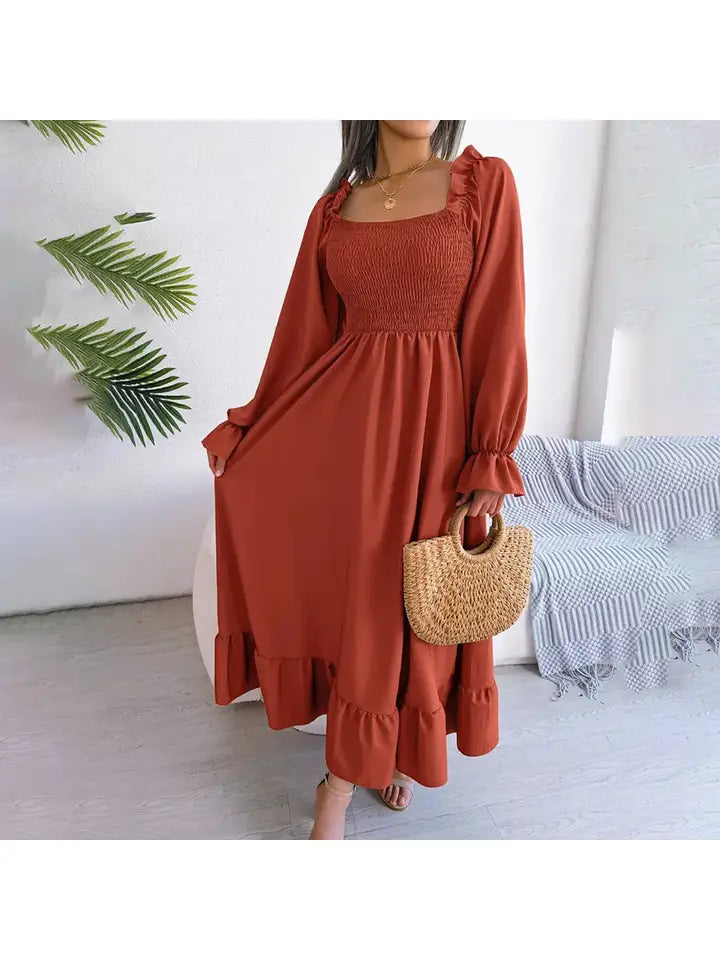 Square Neck Large Swing Flounces Long DRESS_