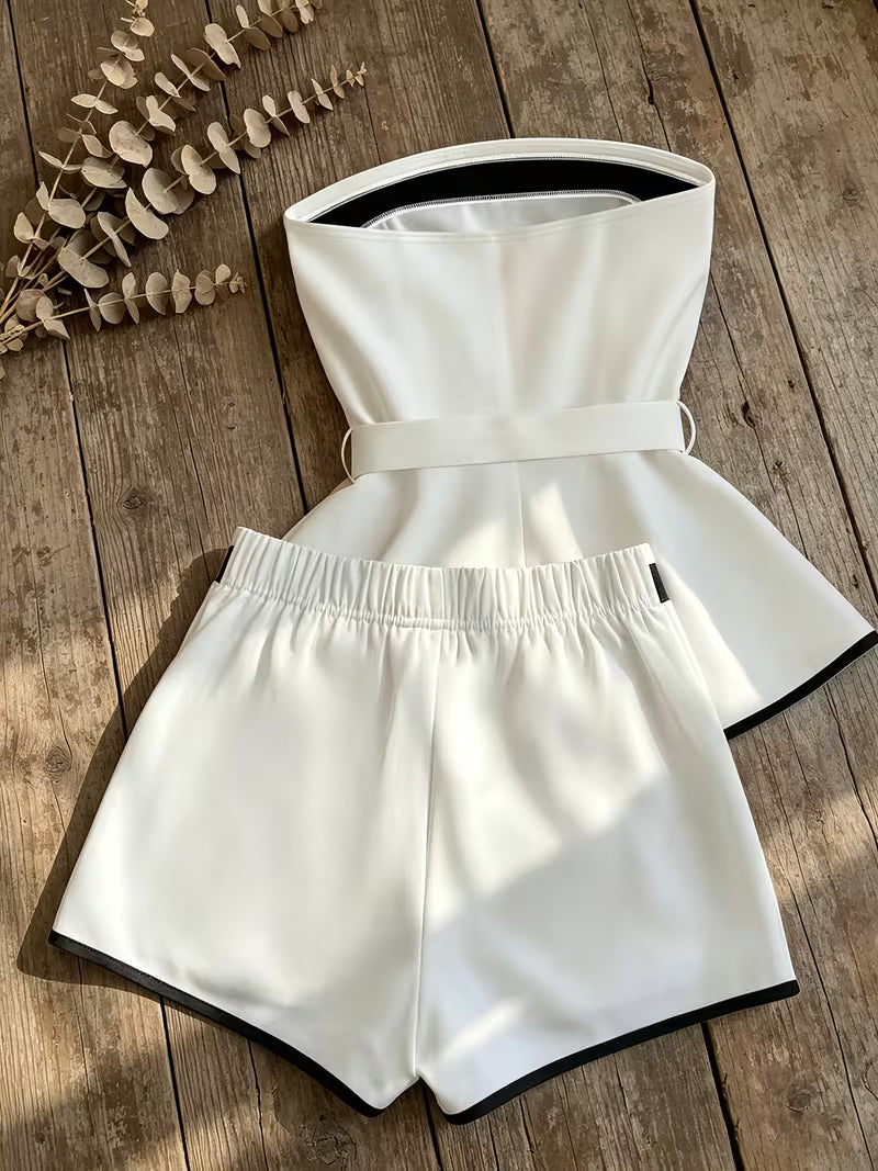 2pcs Black And White Elegant Bandeau Top And Shorts Set