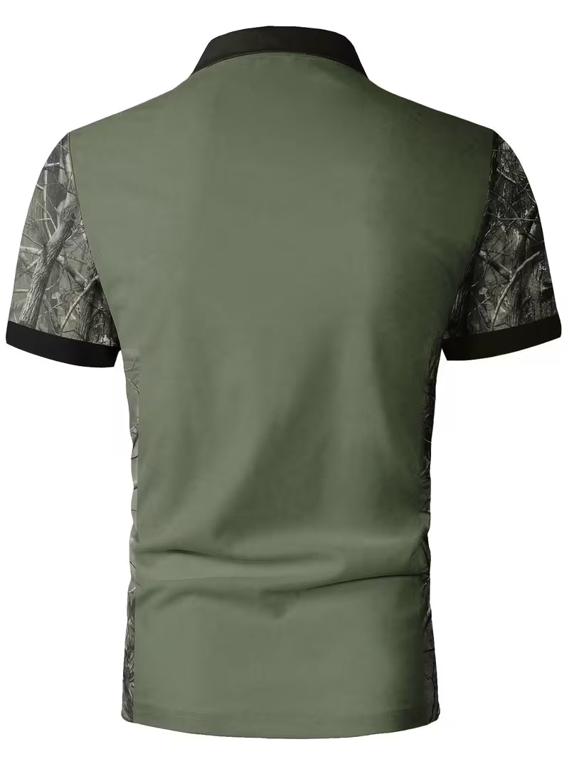 Men's Deer Head Print Camouflage Patchwork Polo Shirt