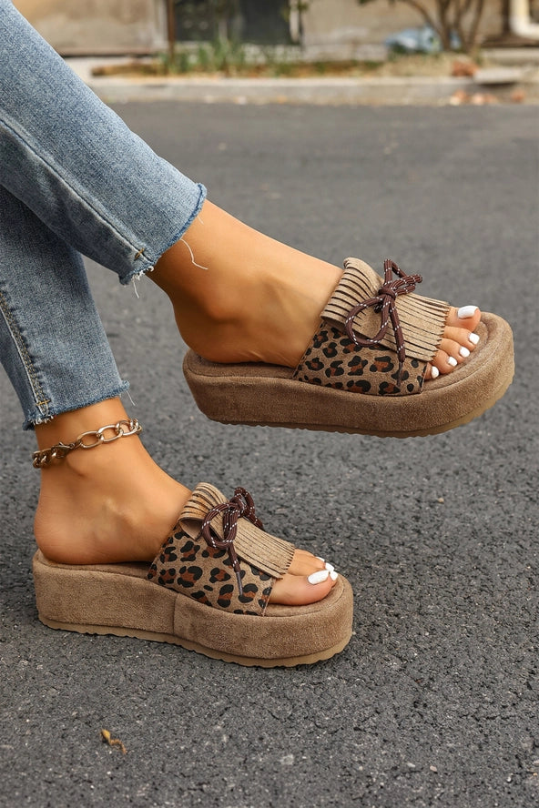 Leopard Faux Suede Slashed Lace-Up Detail Platform Slippers