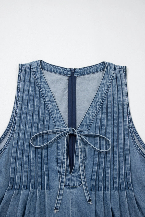 PRETTY BASH Acid Wash Denim Pleated Tie Jumpsuit