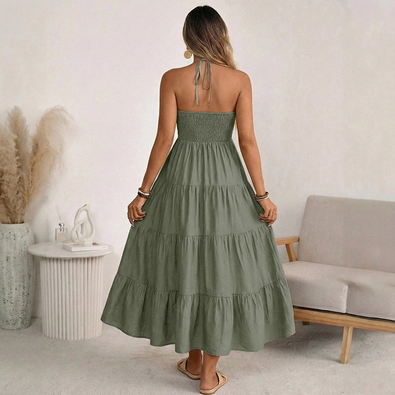 Women’S Halter V Neck Tiered Maxi Dress Backless