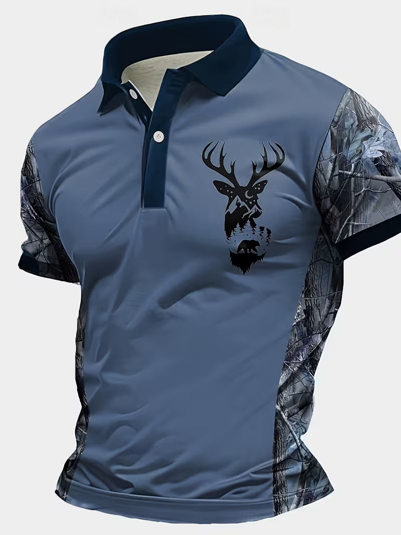 Men's Deer Head Print Camouflage Patchwork Polo Shirt