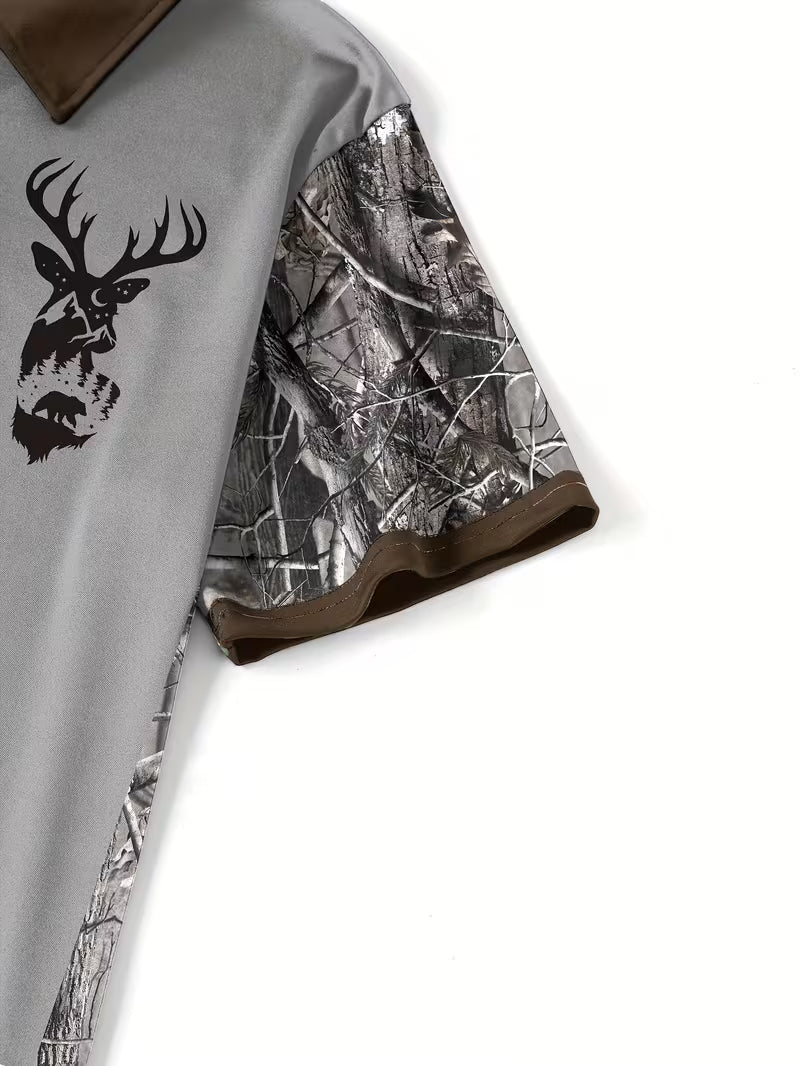 Men's Deer Head Print Camouflage Patchwork Polo Shirt
