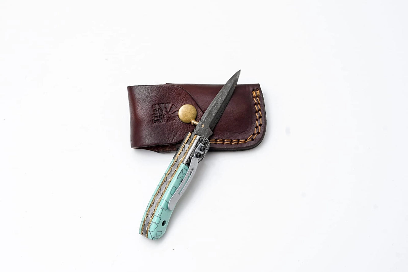 Turquoise Damascus Folding Knife – Hand Engraved Bolster Edition