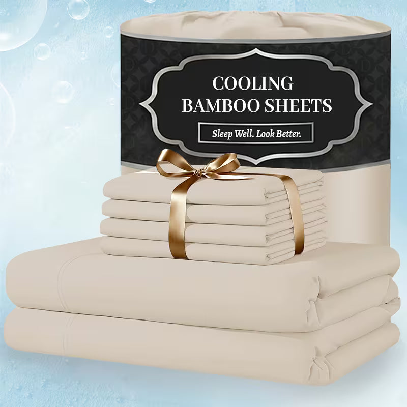 Extra Deep Pocket Bamboo Sheets - 4/6pcs Breathable & Cooling Bamboo Bed Sheet Set, Hotel Luxury Fitted Sheet Set, Soft Wrinkle-Free for Extra Deep Mattresses, Room Decor, Twin/Full/Queen/King Size Sheet & Pillowcase Sets