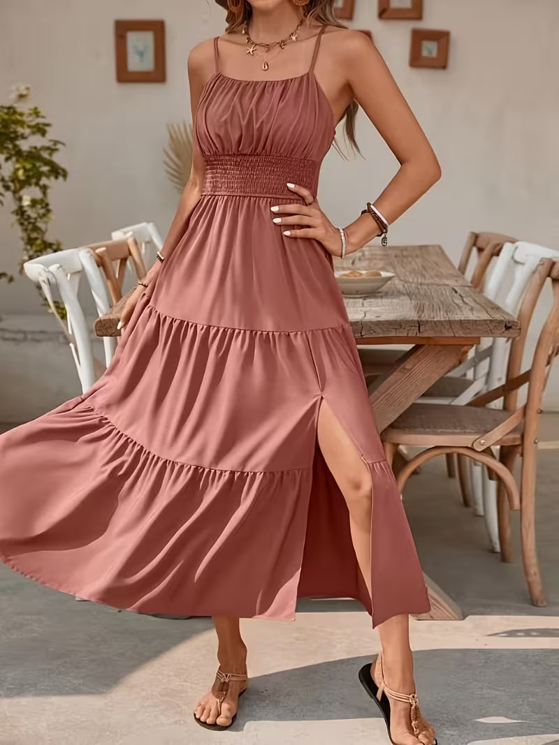 Halter Layered Waist-cinching Solid Color Fitted Dress
