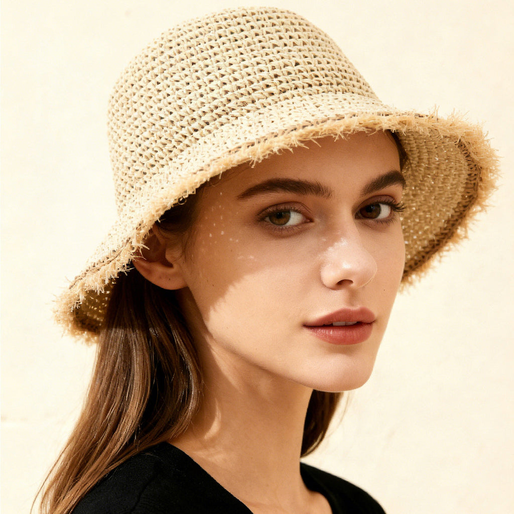 Women's Wide-Brim Fringed Woven Straw Hat | Beach & Vacation Sun Hat