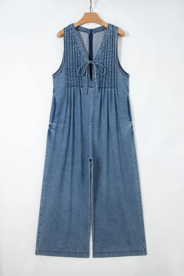 PRETTY BASH Acid Wash Denim Pleated Tie Jumpsuit