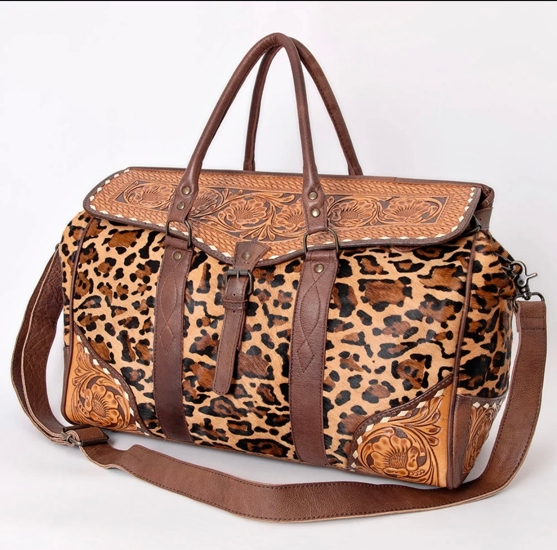 Wild Luxe Leopard Cowhide & Hand-Tooled Leather Western Duffle Bag
