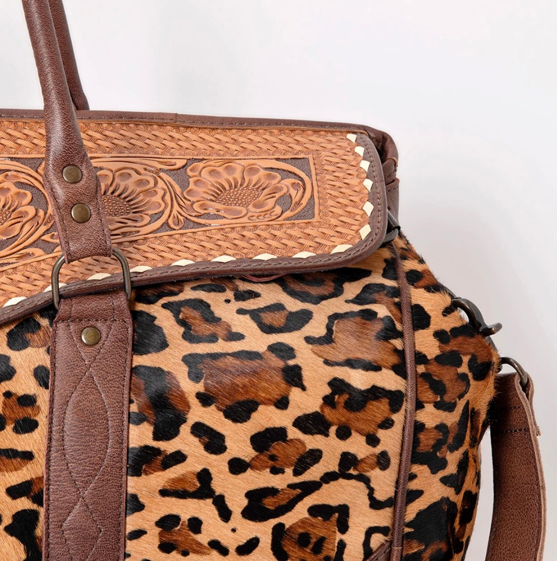 Wild Luxe Leopard Cowhide & Hand-Tooled Leather Western Duffle Bag