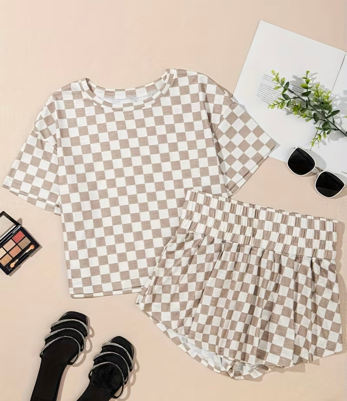 🤎 Camel Checkered Lounge Set