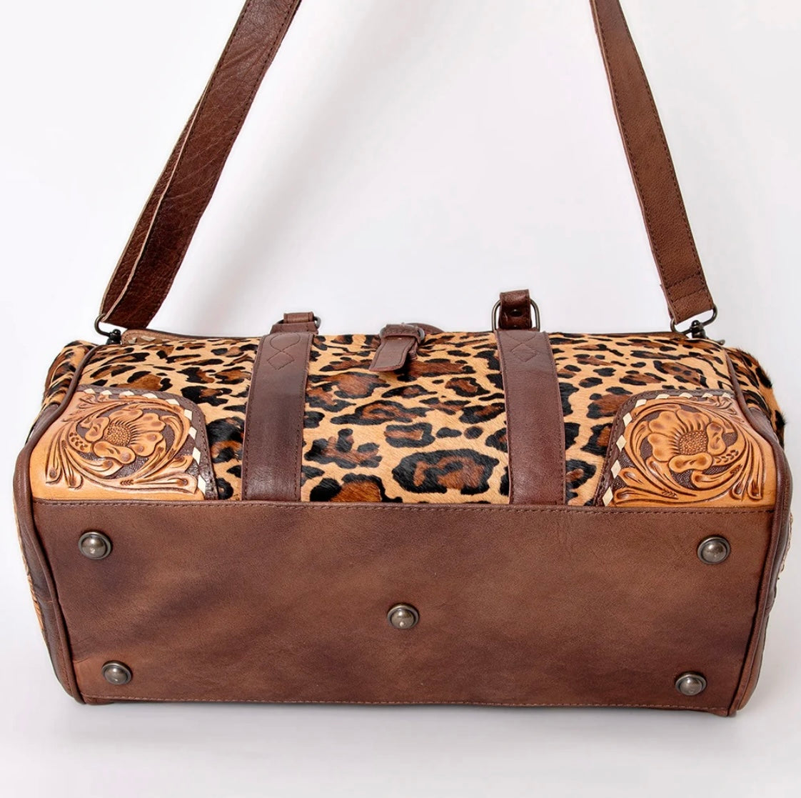 Wild Luxe Leopard Cowhide & Hand-Tooled Leather Western Duffle Bag