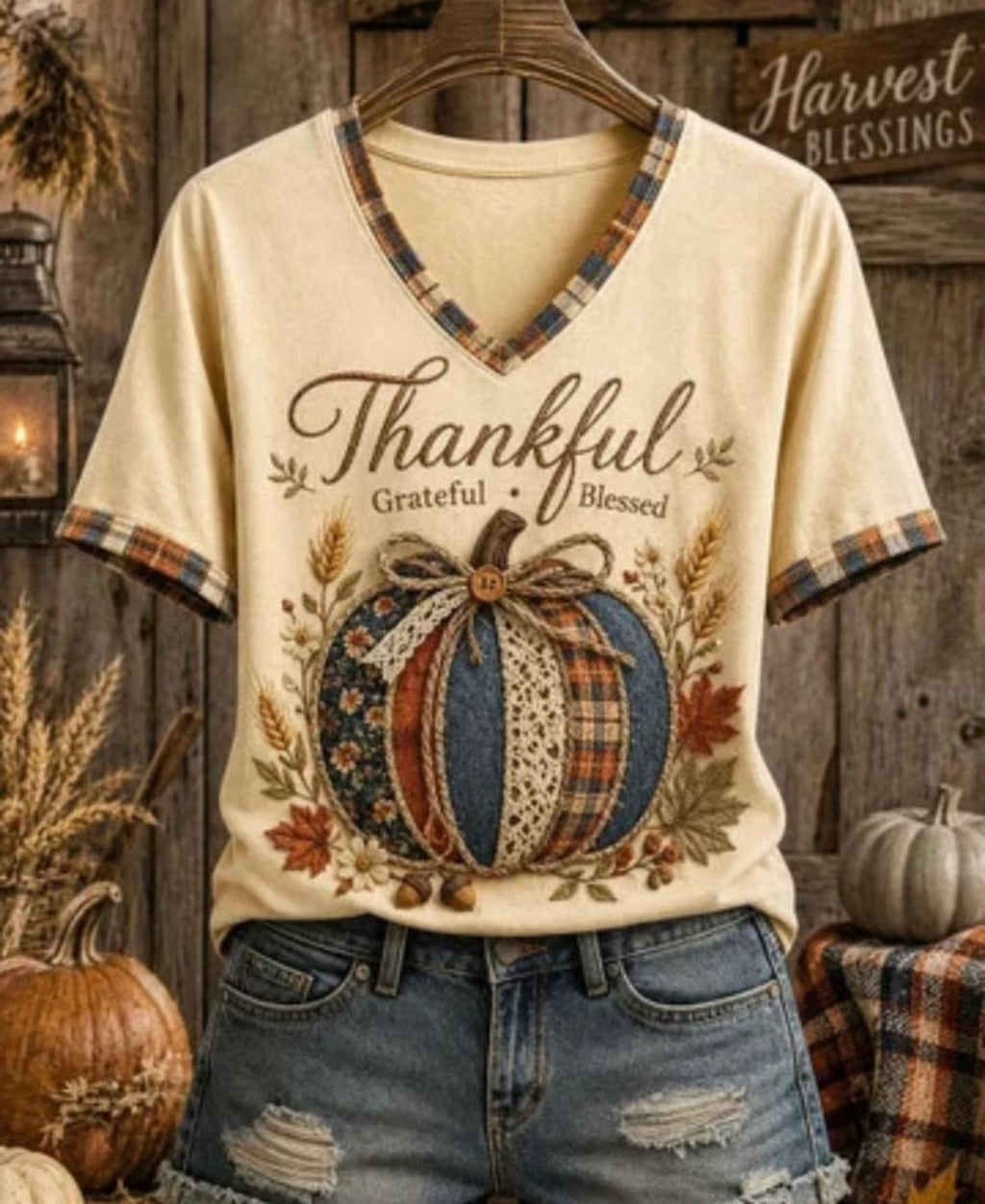 Thankful & Blessed Patchwork Pumpkin Tee