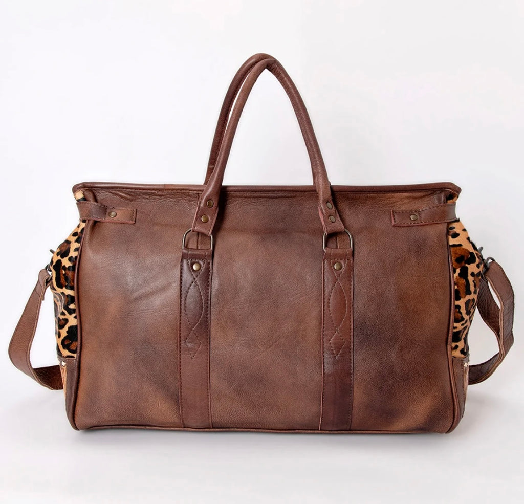 Wild Luxe Leopard Cowhide & Hand-Tooled Leather Western Duffle Bag