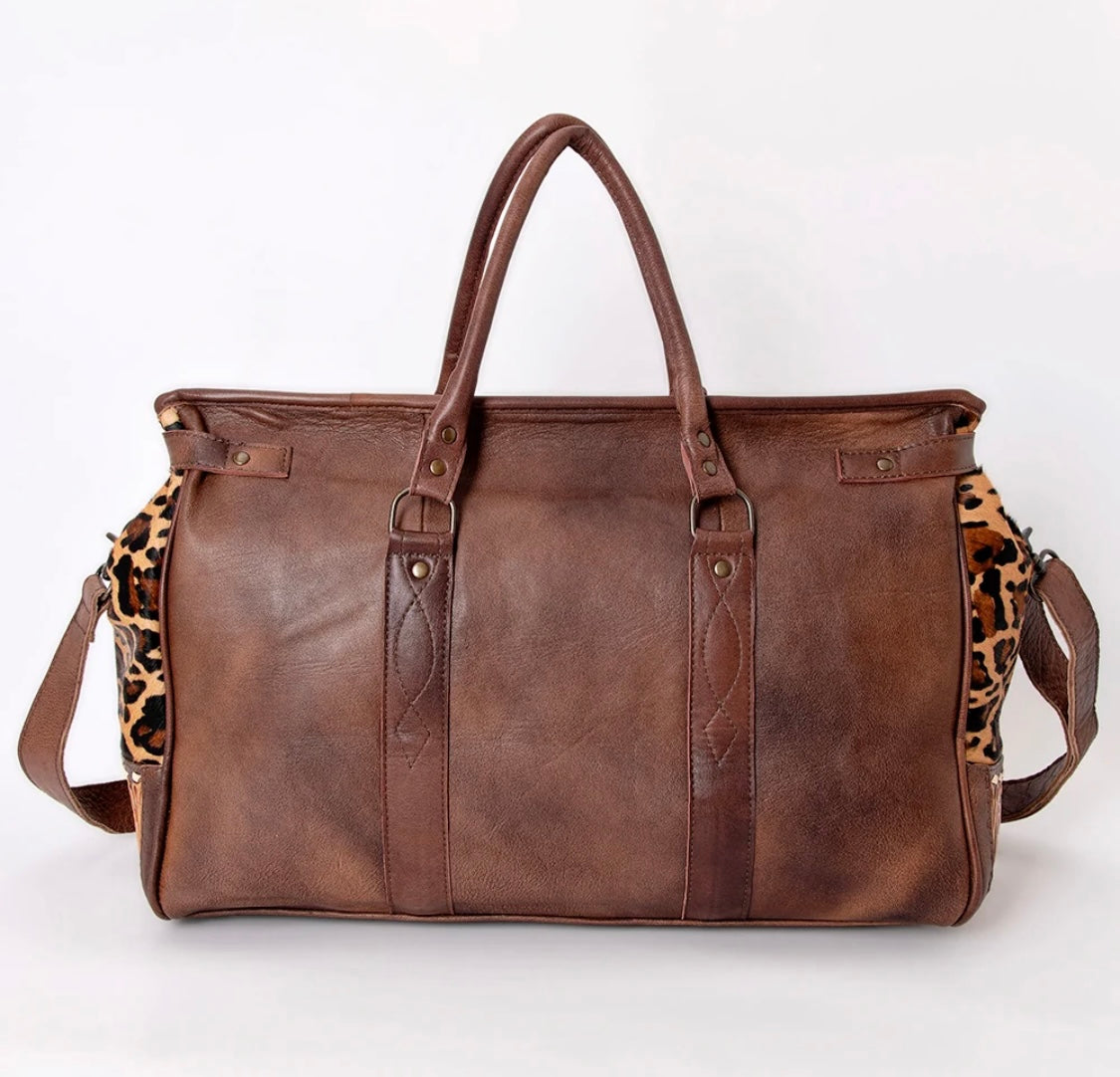 Wild Luxe Leopard Cowhide & Hand-Tooled Leather Western Duffle Bag