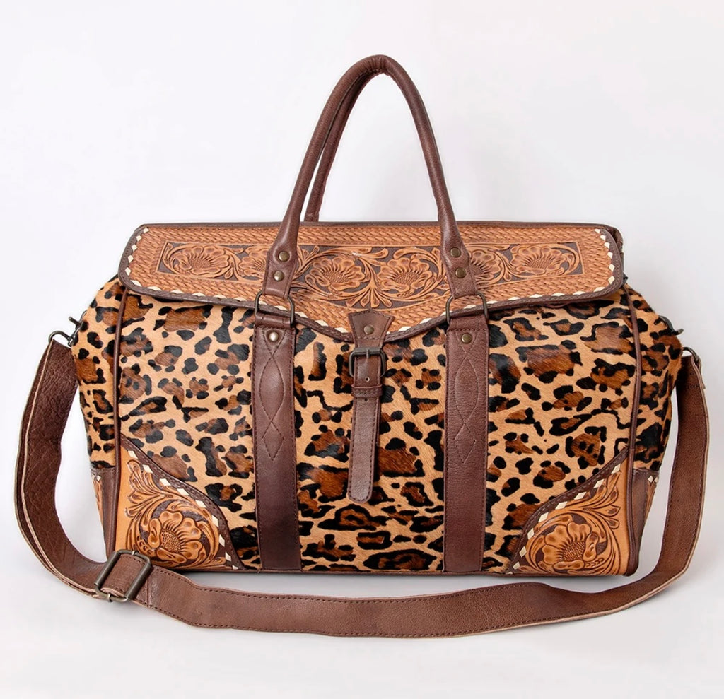 Wild Luxe Leopard Cowhide & Hand-Tooled Leather Western Duffle Bag