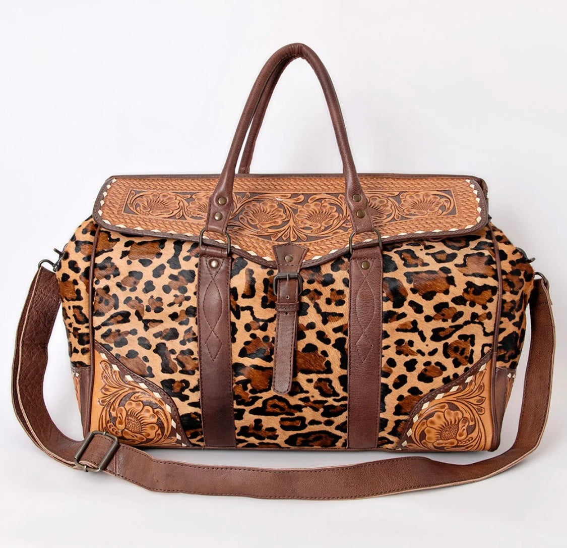 Wild Luxe Leopard Cowhide & Hand-Tooled Leather Western Duffle Bag