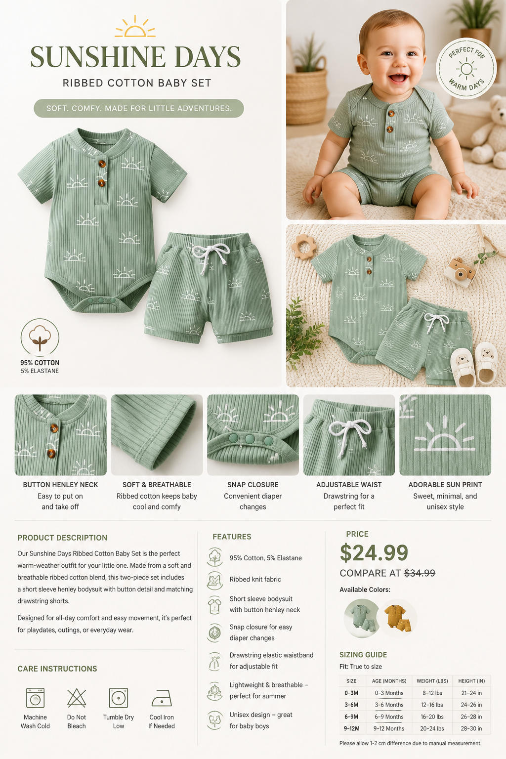 Sunshine Days™ Ribbed Cotton Baby Bodysuit & Shorts Set