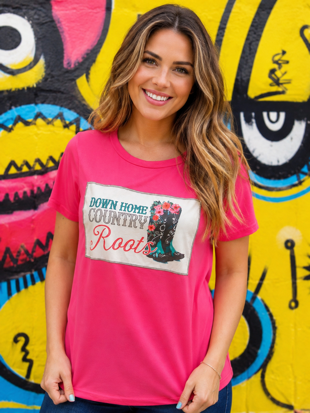 Down Home Country Roots Graphic Tee – Hot Pink