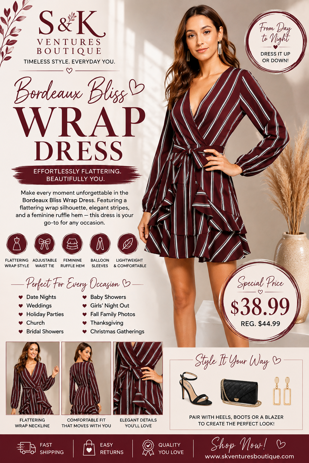 ❤️ Bordeaux Bliss Wrap Dress