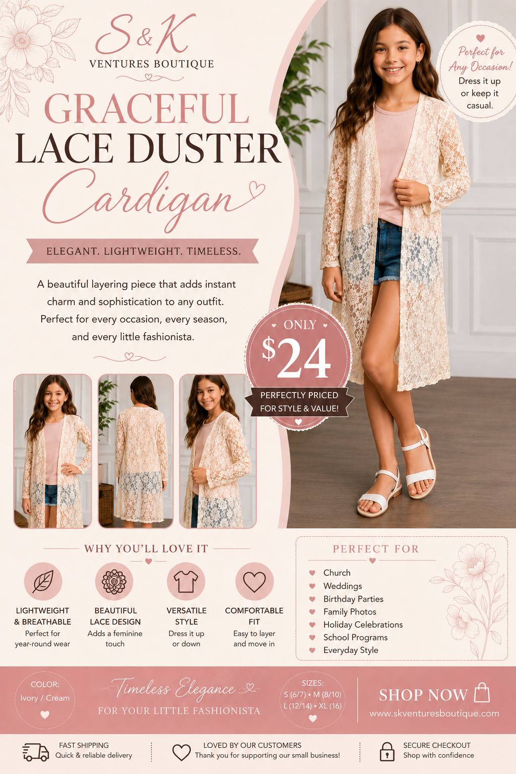 Graceful Lace Duster Cardigan – Girls Collection