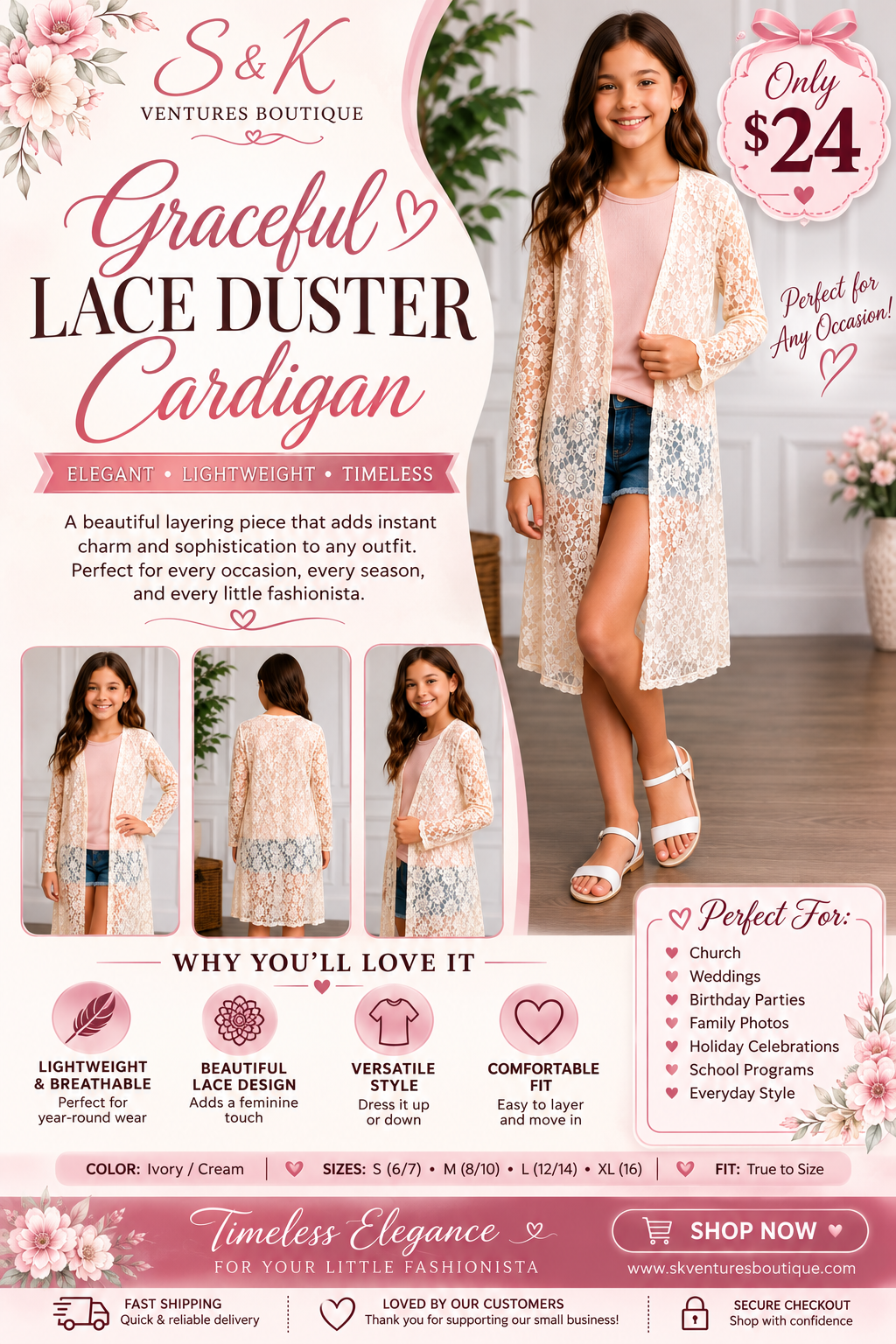 Graceful Lace Duster Cardigan – Girls Collection