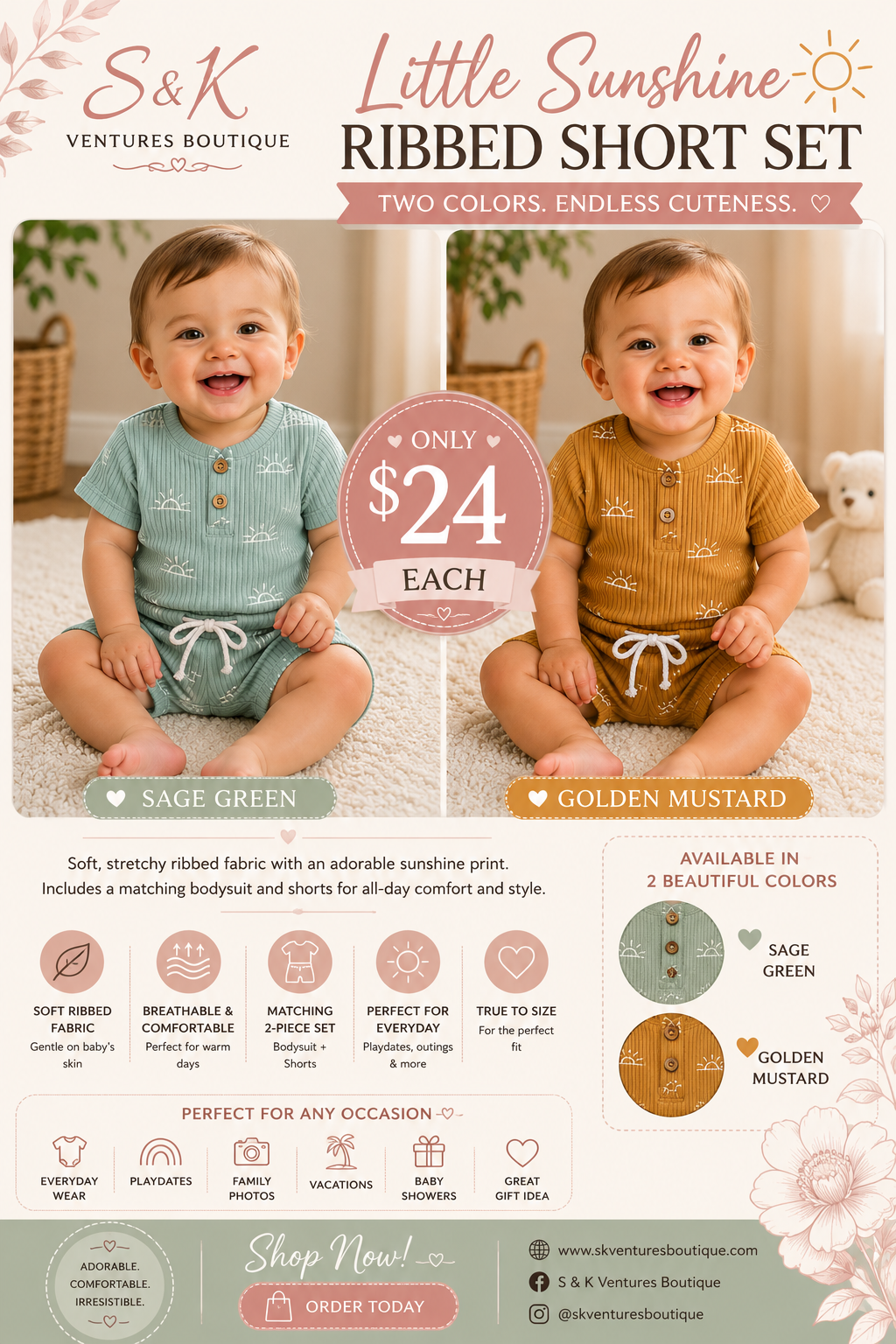 Sunshine Days™ Ribbed Cotton Baby Bodysuit & Shorts Set