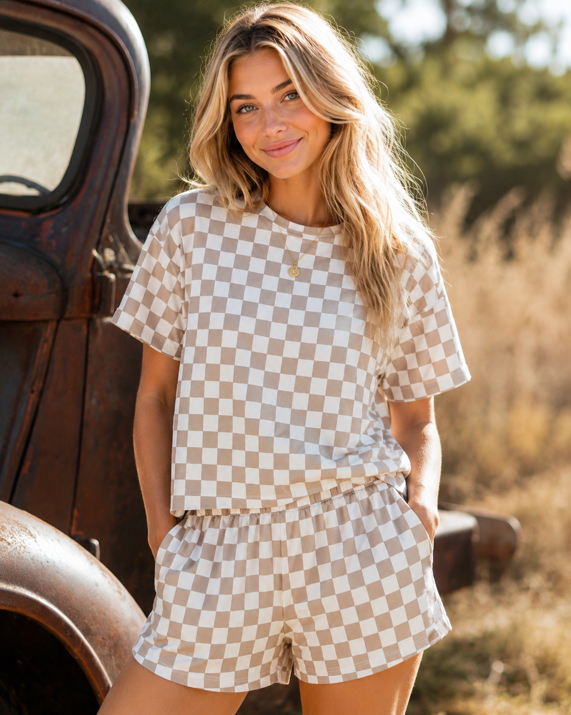 🤎 Camel Checkered Lounge Set