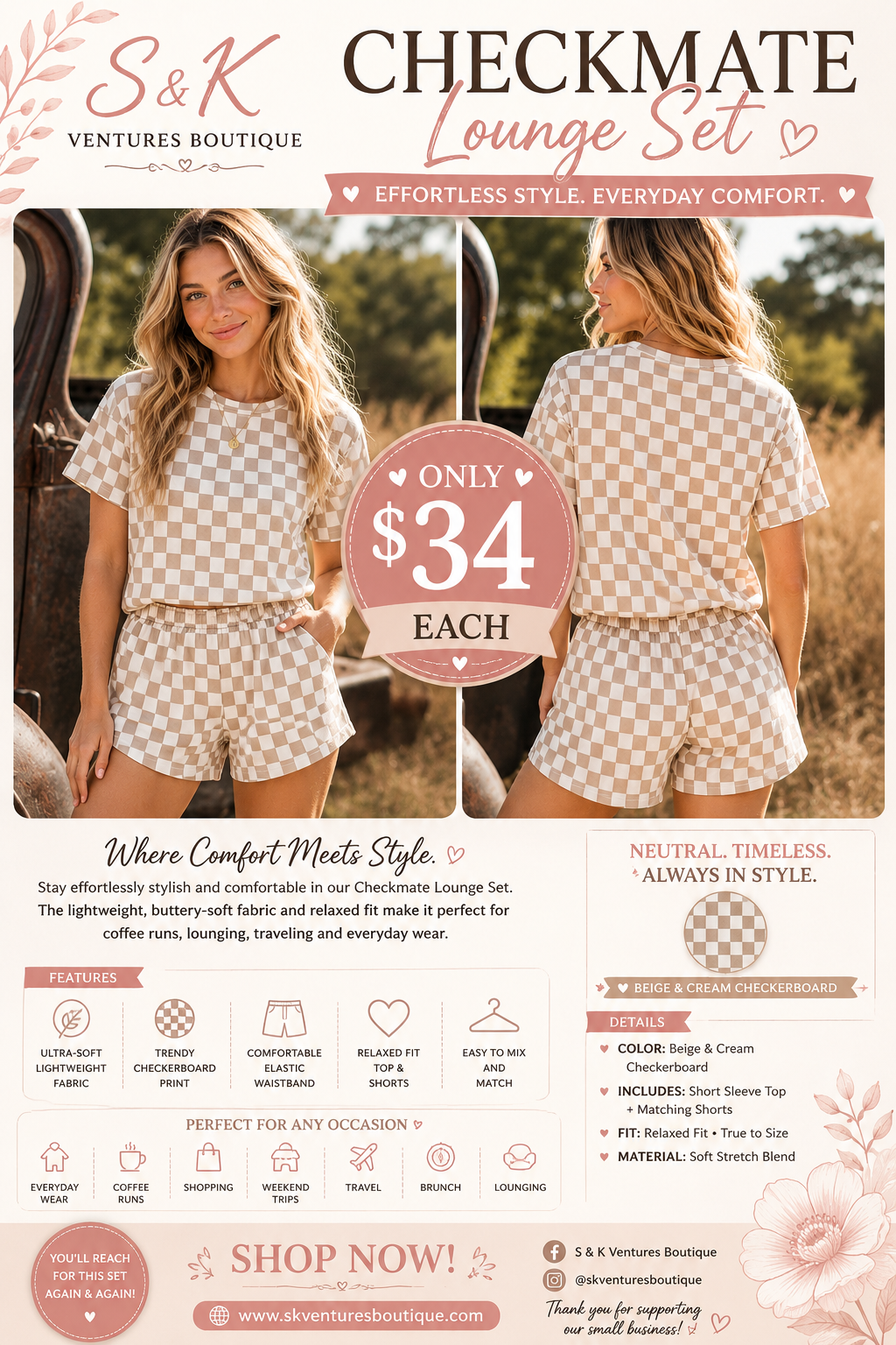 🤎 Camel Checkered Lounge Set