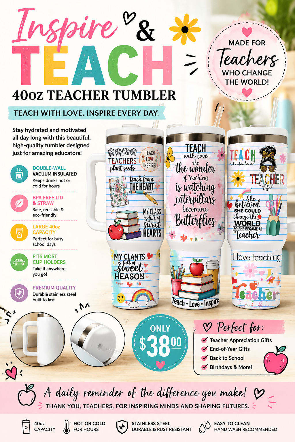 Inspire & Teach 40oz Teacher Tumbler