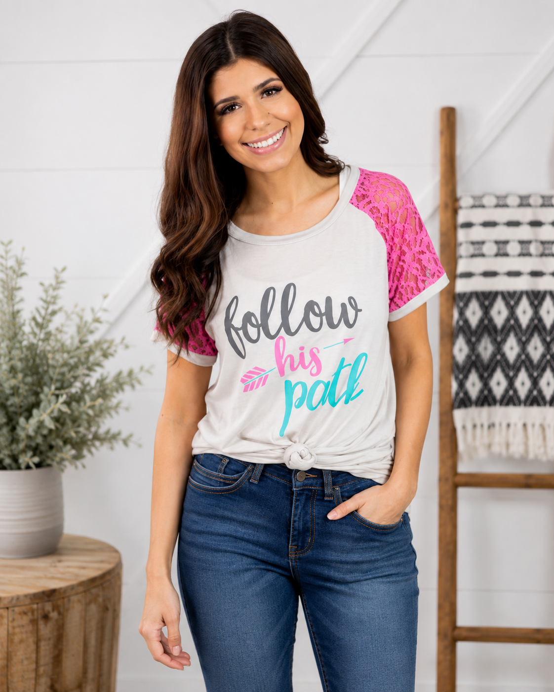 Follow His Path Lace Sleeve Tee