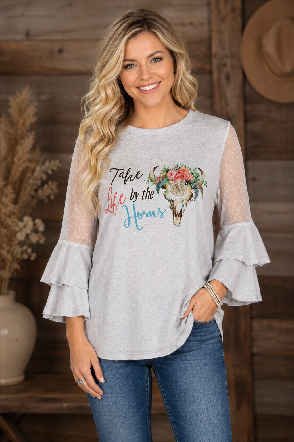 Take Life by the Horns Western Ruffle Top
