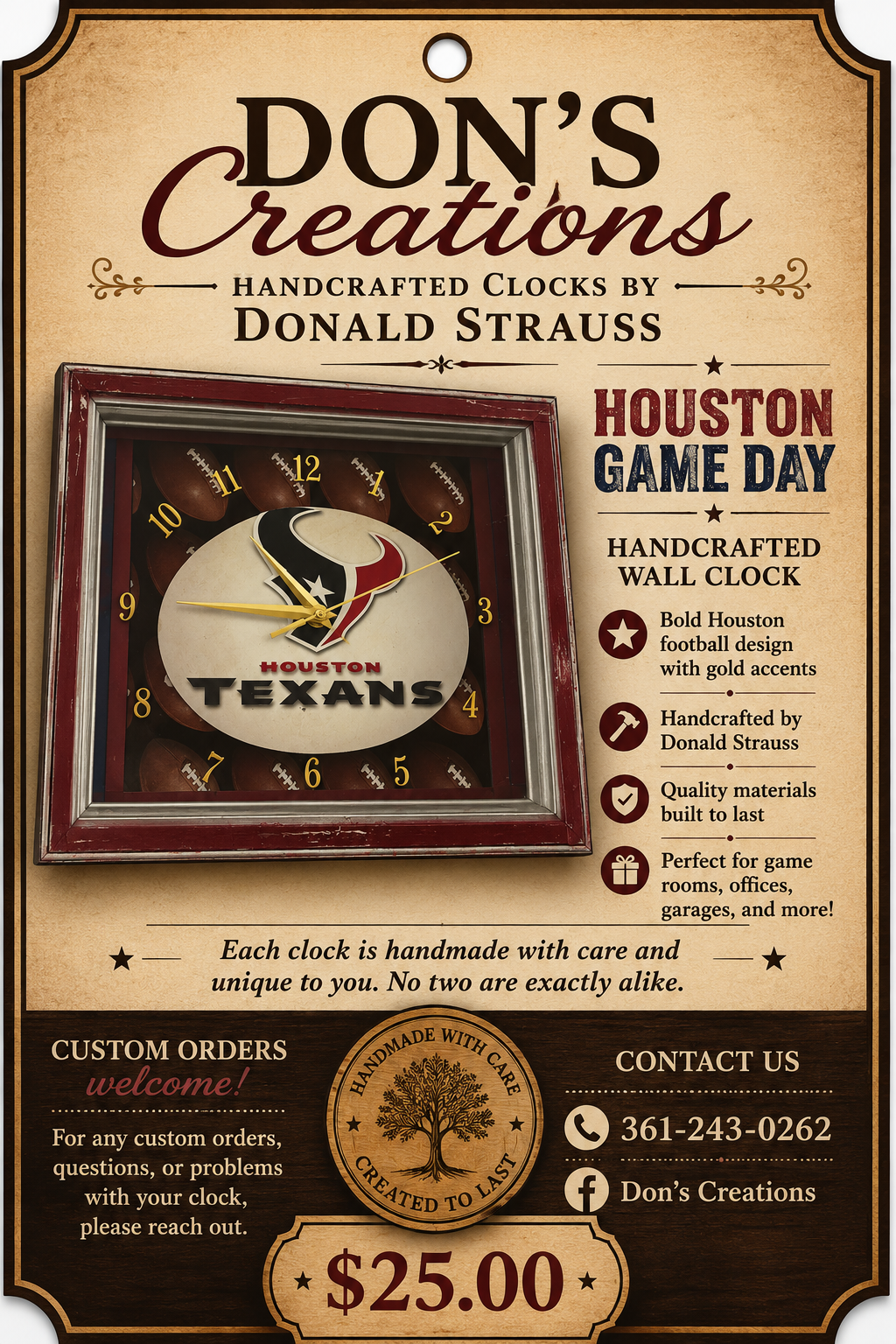 Houston Game Day Handcrafted Wall Clock