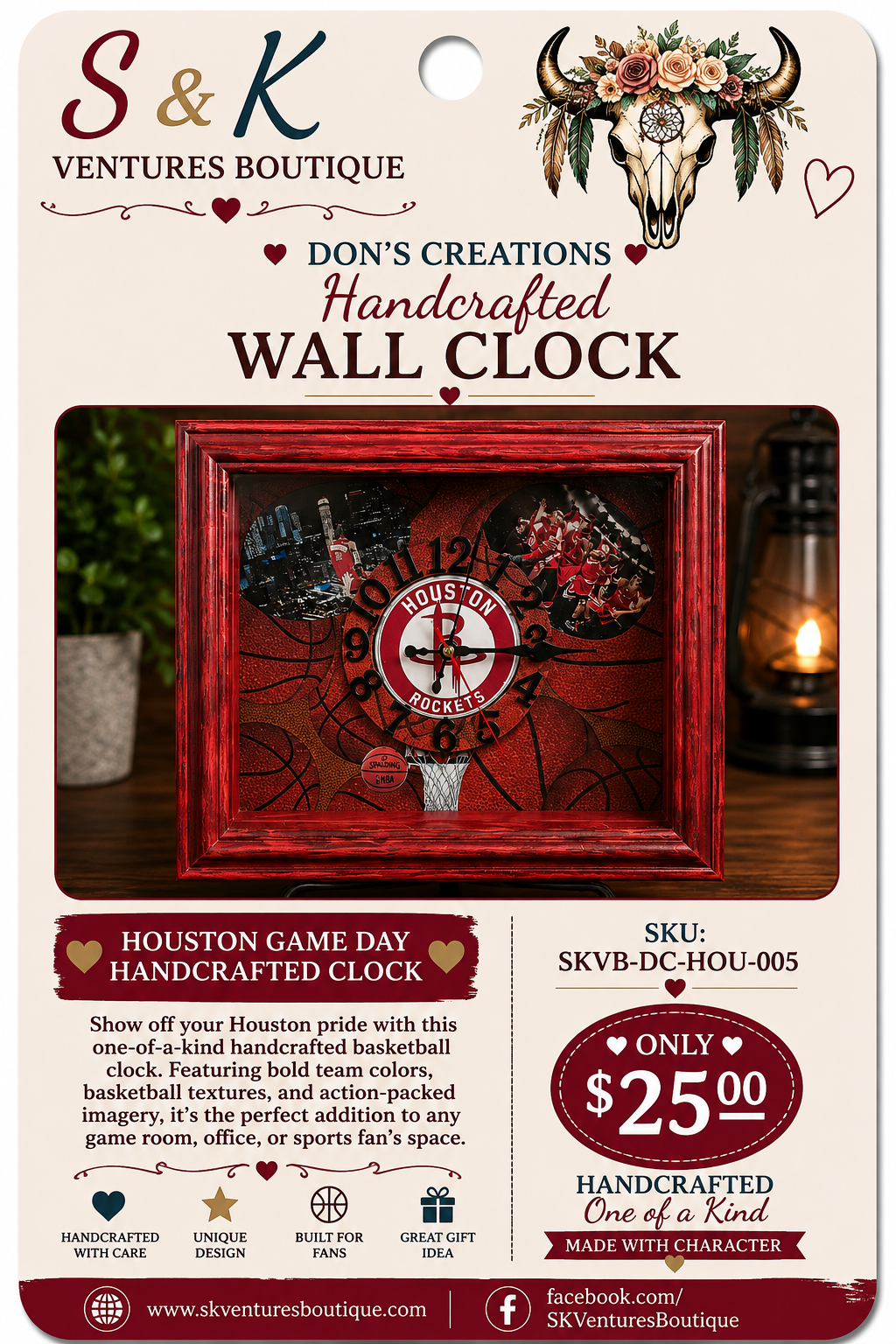 Houston Game Day Handcrafted Basketball Clock