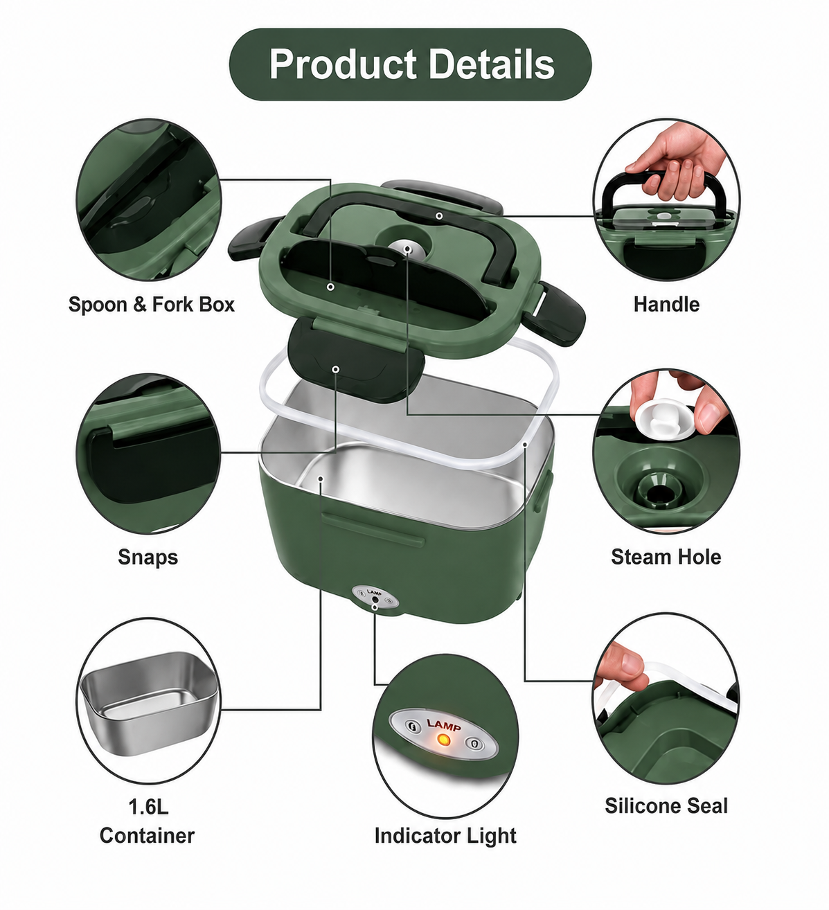 Heat & Go 75W Electric Lunch Box – 1.6L Portable Food Warmer with Car & Home Plugs
