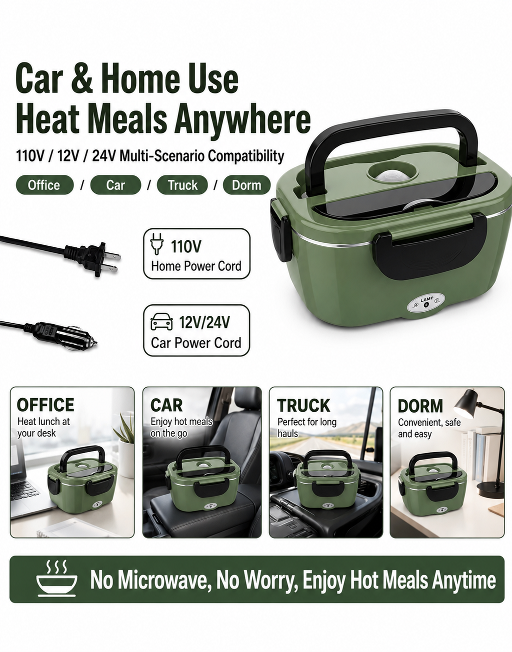 Heat & Go 75W Electric Lunch Box – 1.6L Portable Food Warmer with Car & Home Plugs