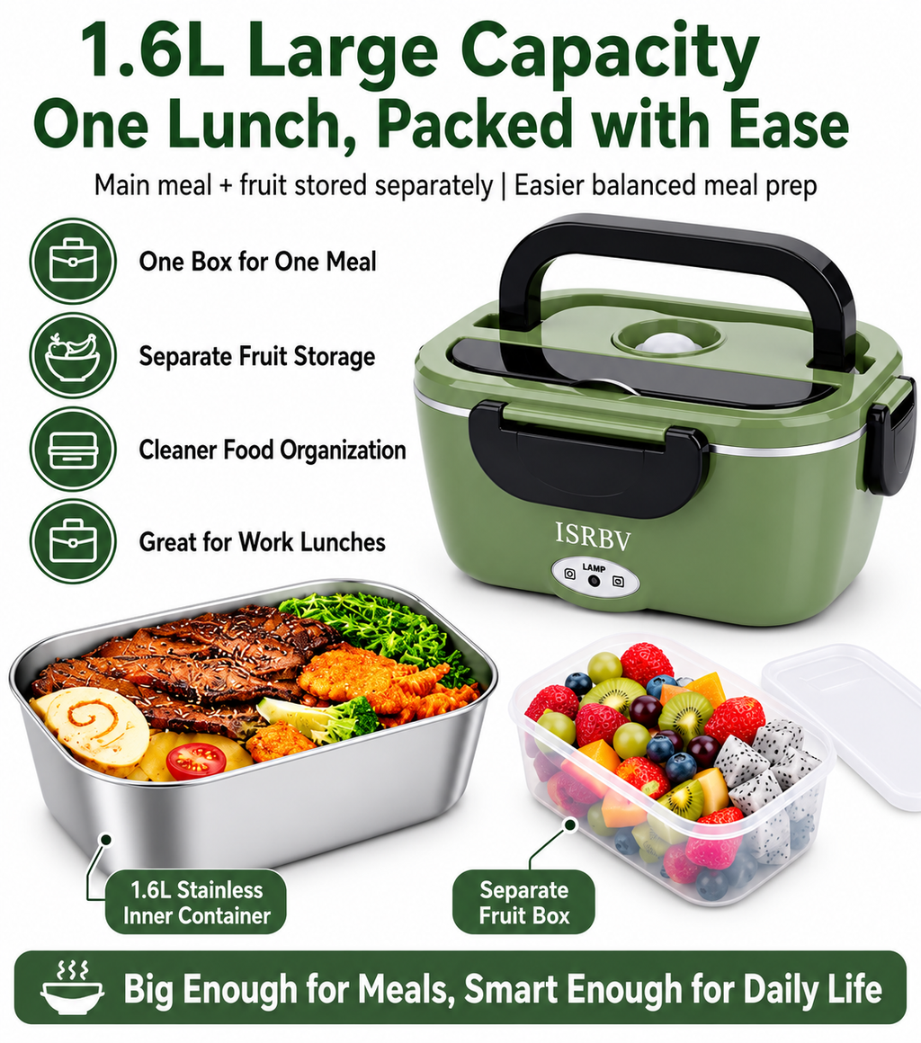 Heat & Go 75W Electric Lunch Box – 1.6L Portable Food Warmer with Car & Home Plugs