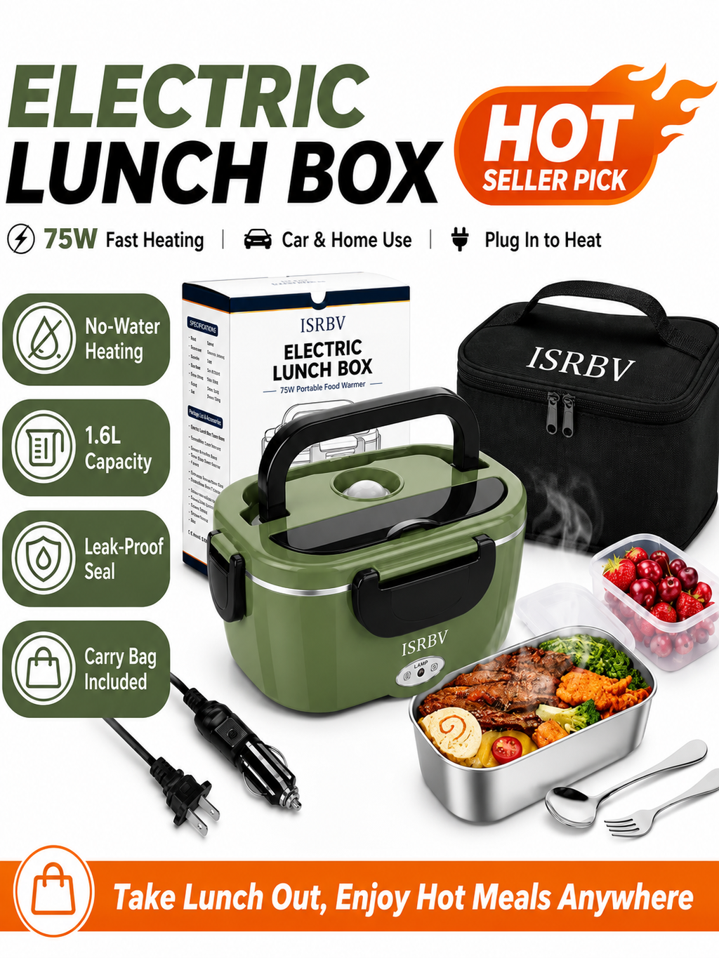 Heat & Go 75W Electric Lunch Box – 1.6L Portable Food Warmer with Car & Home Plugs