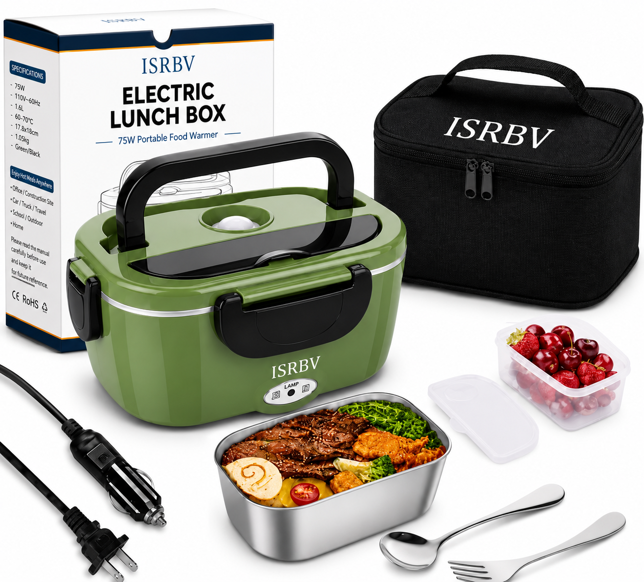 Heat & Go 75W Electric Lunch Box – 1.6L Portable Food Warmer with Car & Home Plugs