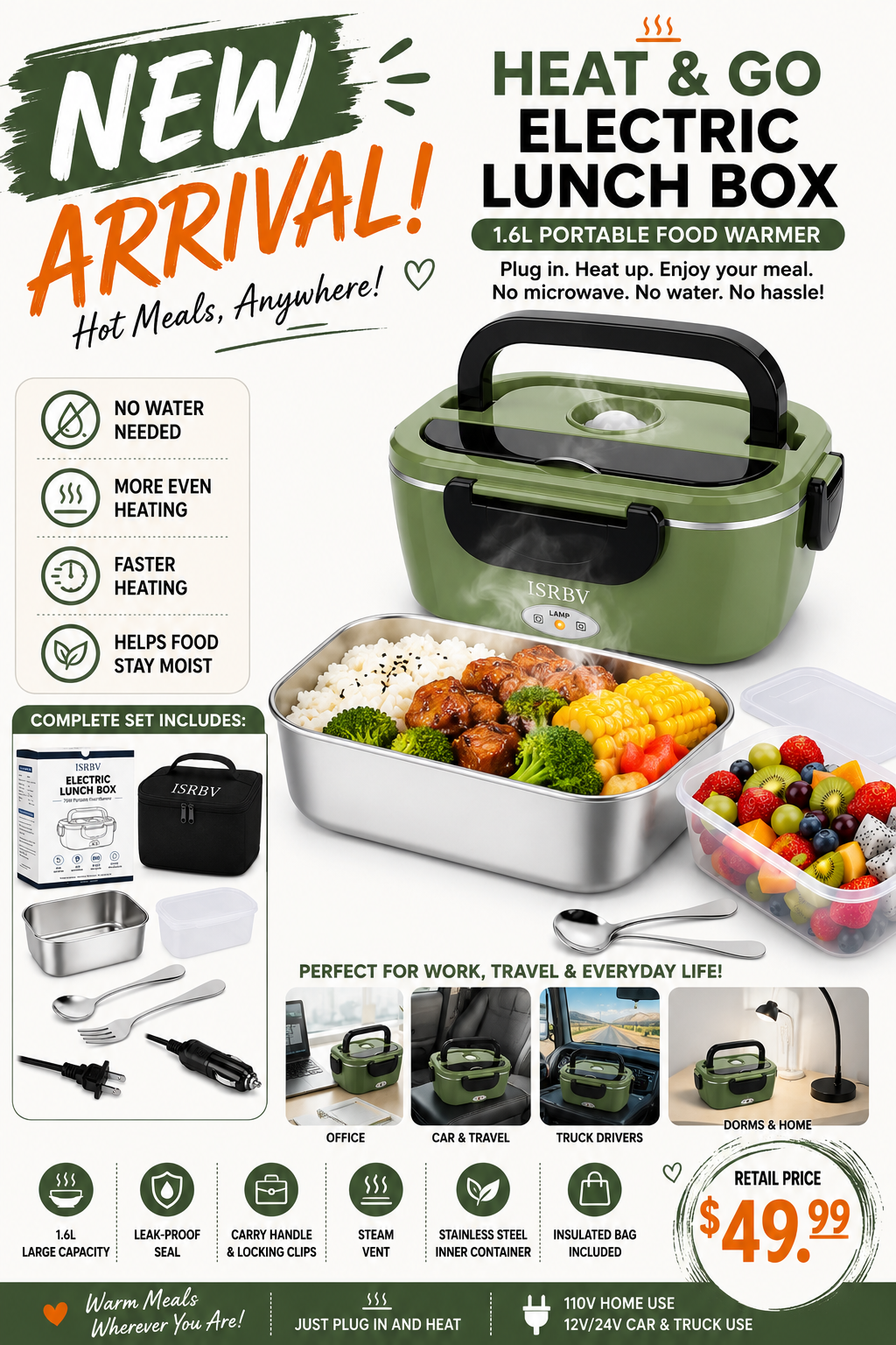 Heat & Go 75W Electric Lunch Box – 1.6L Portable Food Warmer with Car & Home Plugs
