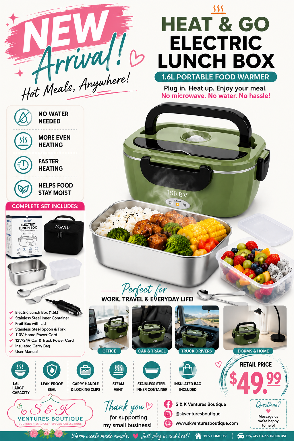 Heat & Go 75W Electric Lunch Box – 1.6L Portable Food Warmer with Car & Home Plugs