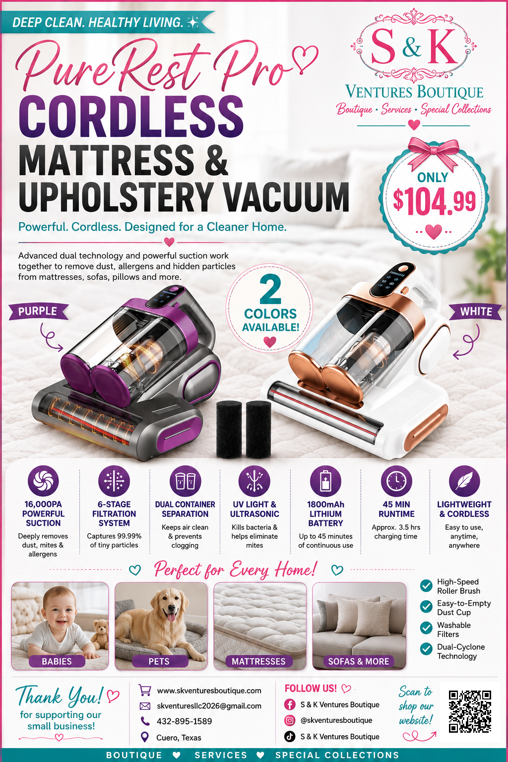 PureRest Pro Cordless Mattress & Upholstery Vacuum – 16,000Pa Deep Cleaning System
