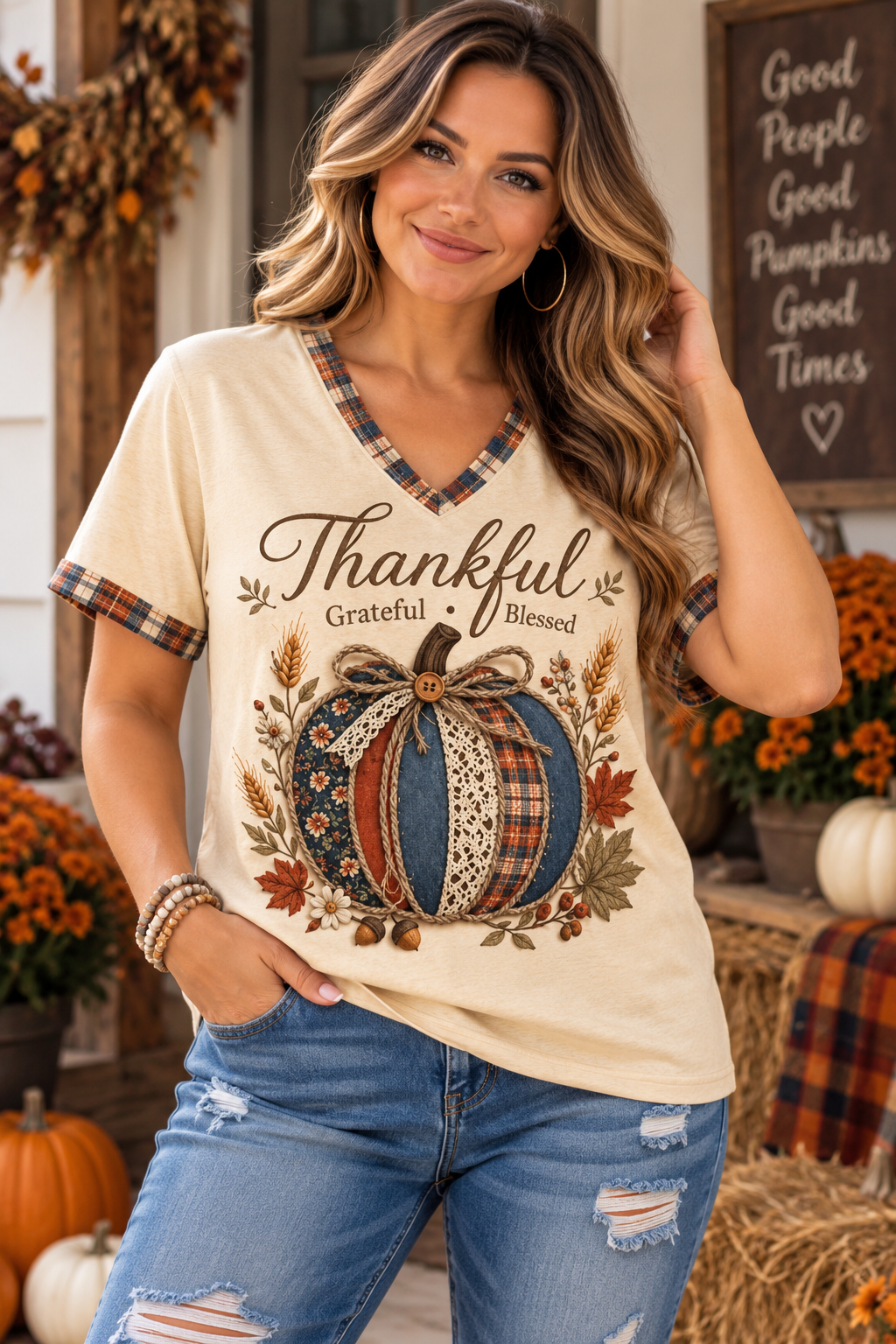 Thankful & Blessed Patchwork Pumpkin Tee