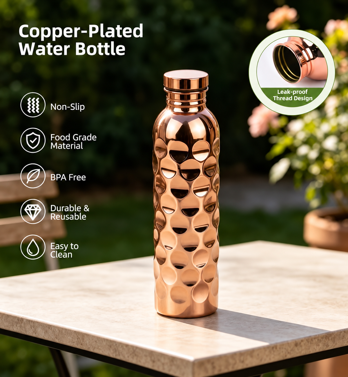 Copper Glow Hammered Water Bottle – 1000ml